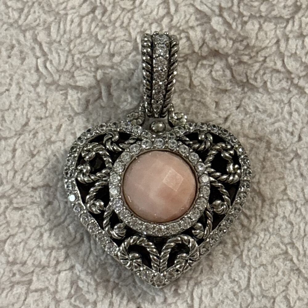 Judith Ripka Sterling Silver Pink Quartz and Diamonique Heart Pendant Enhancer